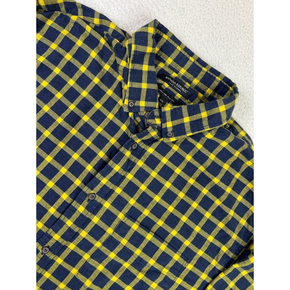 Banana Republic Luxe Flannel Shirt Mens 2XL Plaid Untucked Slim Fit Blue Yellow